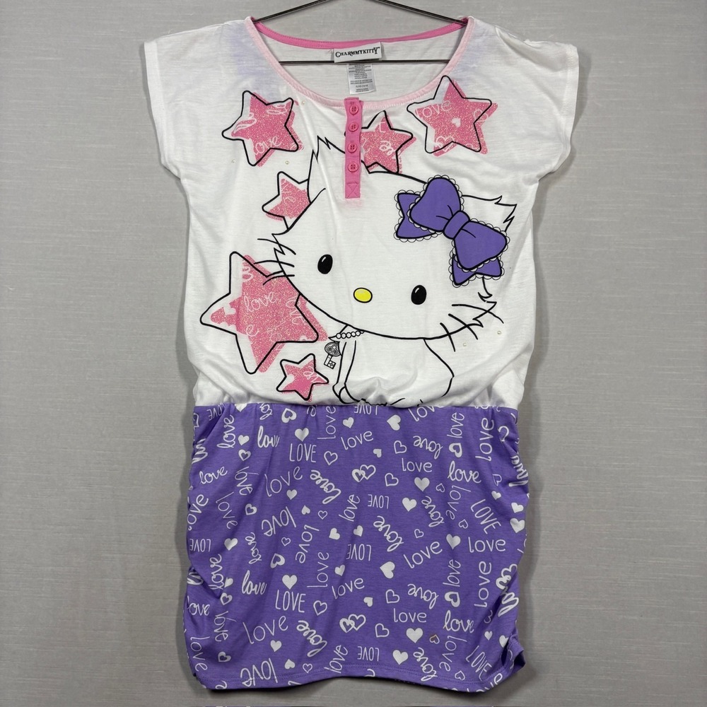 Charmmy Kitty Shirt Dress Girls XL 14-16 Purple White Henley‎ KMart READ